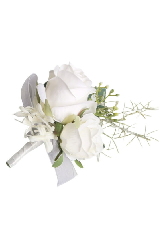 Boutonniere for Men, Rose Wrist Corsage & Boutonniere Set - Adjustable Wedding Flower Accessories for Bride, Groom, Prom, Ceremonies, Pearl Bracelet, Handcrafted Design White
