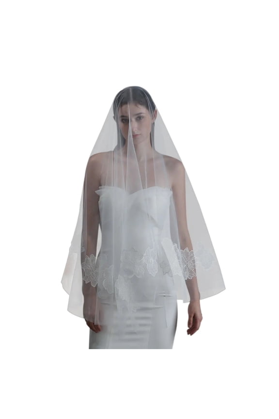 Elegant Wedding Bridal White Veil 1-Layer Tulle Appliqued Brides Covering Face Headdress Veil