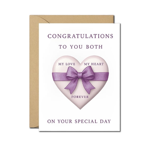 Elegant Wedding Congratulations Card - Heart Design with Lavender Bow - Perfect for Newlyweds