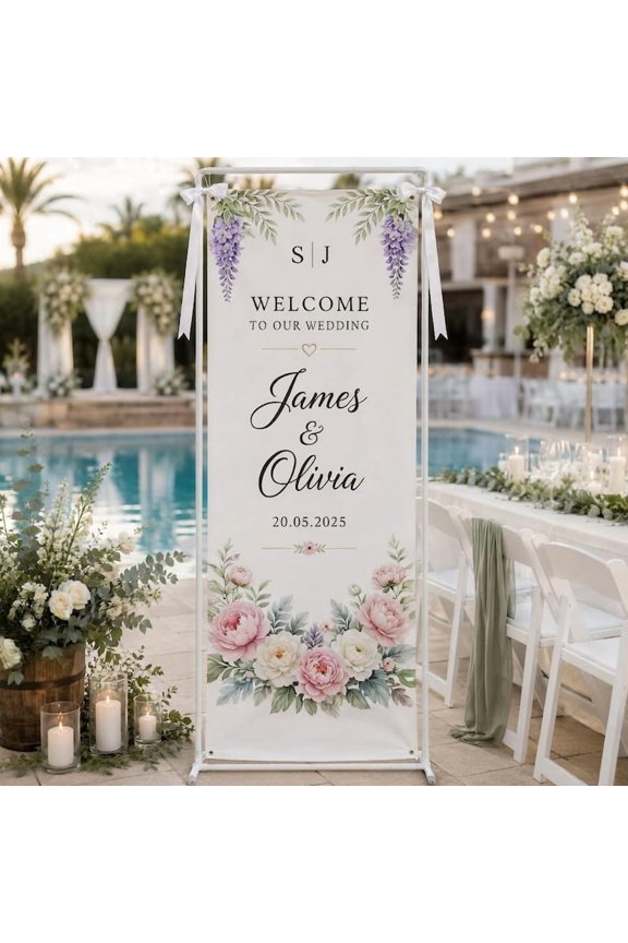 Elegant Wedding Fabric Welcome Banner, Custom Name and Date Sign, Ceremony Backdrop, Bridal Shower Gift