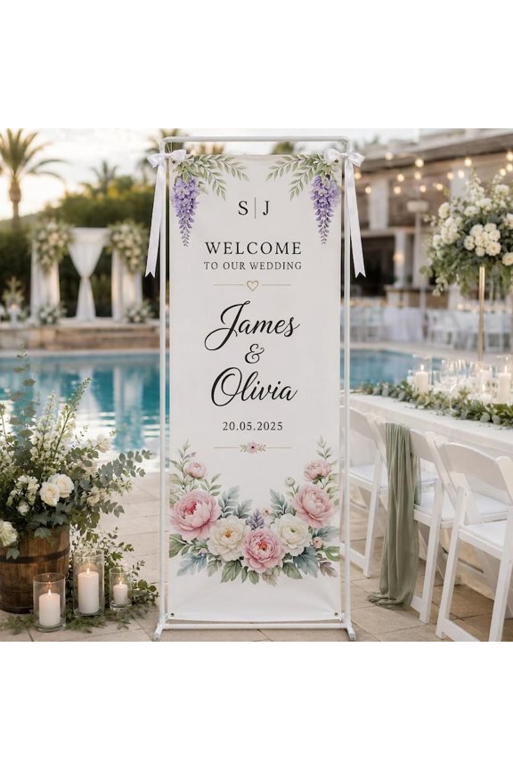 Elegant Wedding Fabric Welcome Banner, Custom Name and Date Sign, Ceremony Backdrop, Bridal Shower Gift