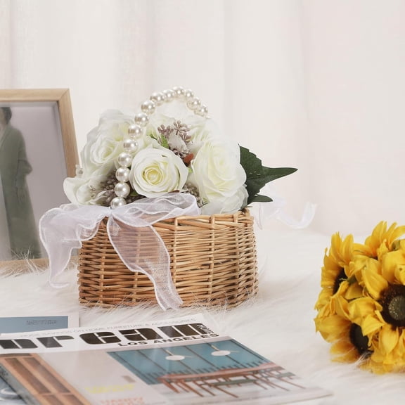 Elegant Wedding Flower Girl Basket with Pearl Handle and Ribbon Bow, Bowknot Satin Flower Basket for wedding, Rustic Handwoven Wicker Flower Basket, Versatile Picnic Basket for Outdoor (1PCS)