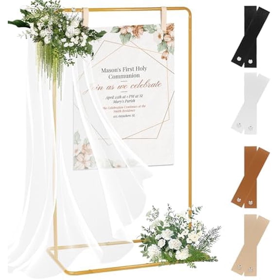 Elegant Wedding Sign Holder, Adjustable Welcome to Our Wedding Sign Stand, 69x31x20; Heavy Duty Easel Stand for Signs and Poster with 8 Leather Straps, Wedding Seating Chart Stand (Gold)