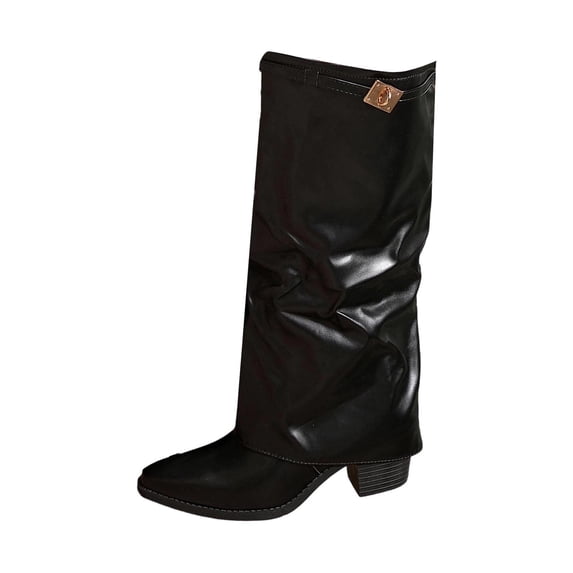 Elegant Western Slim Tip Slouchy Boot With Pleated Shaft And Heel for All Season Women's Mid-Calf Footwear