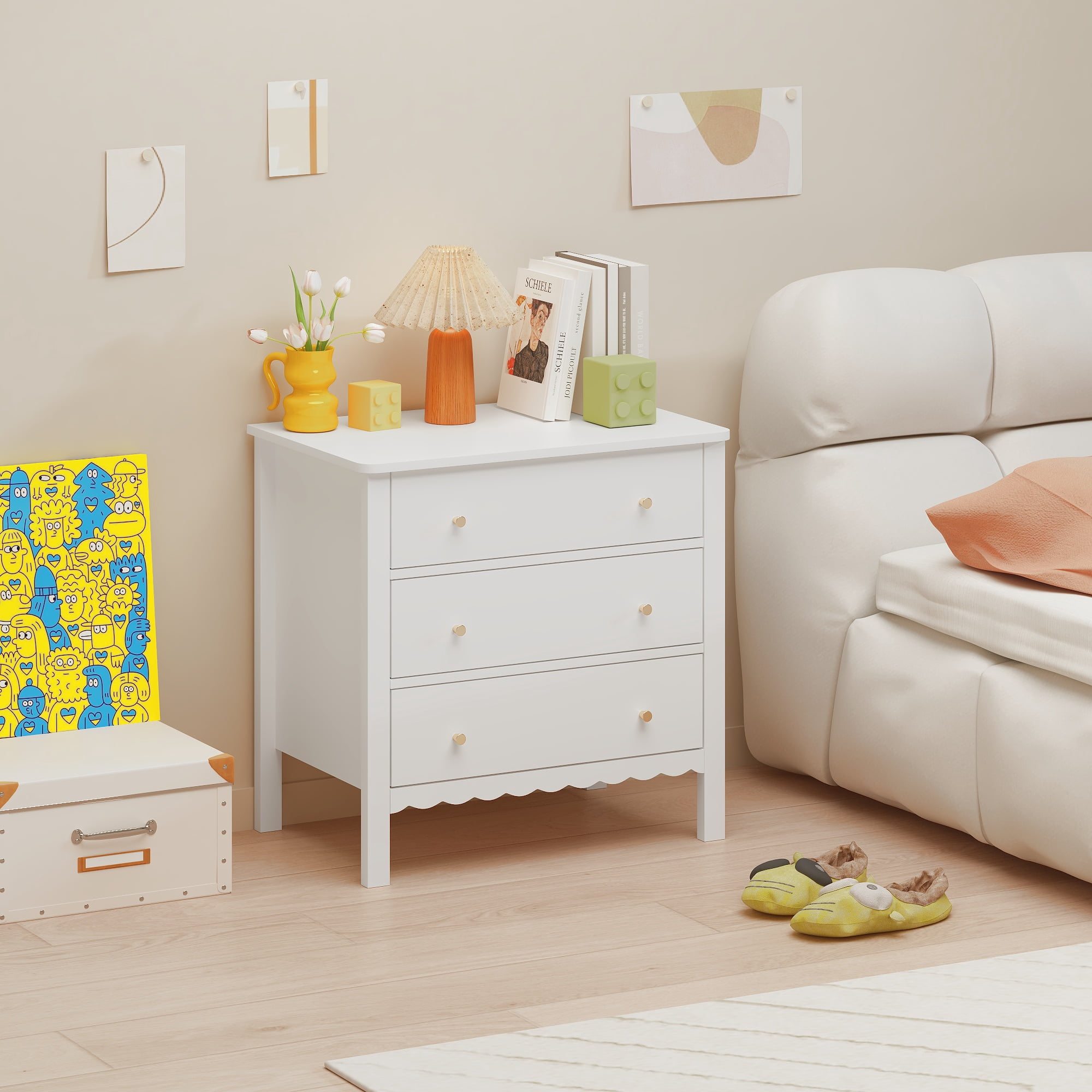 Elegant White 3-Drawer Dresser for Bedroom with Gold Knobs, Modern MDF Chest of Drawers for Kids Nursery Living Room or Entryway