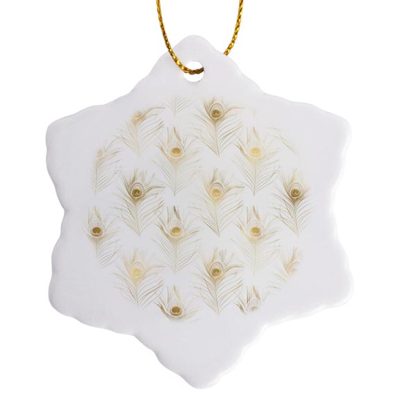 3drose, Elegant White and Image of Gold Peacock Feather Pattern, 3 inch Snowflake Porcelain Ornament