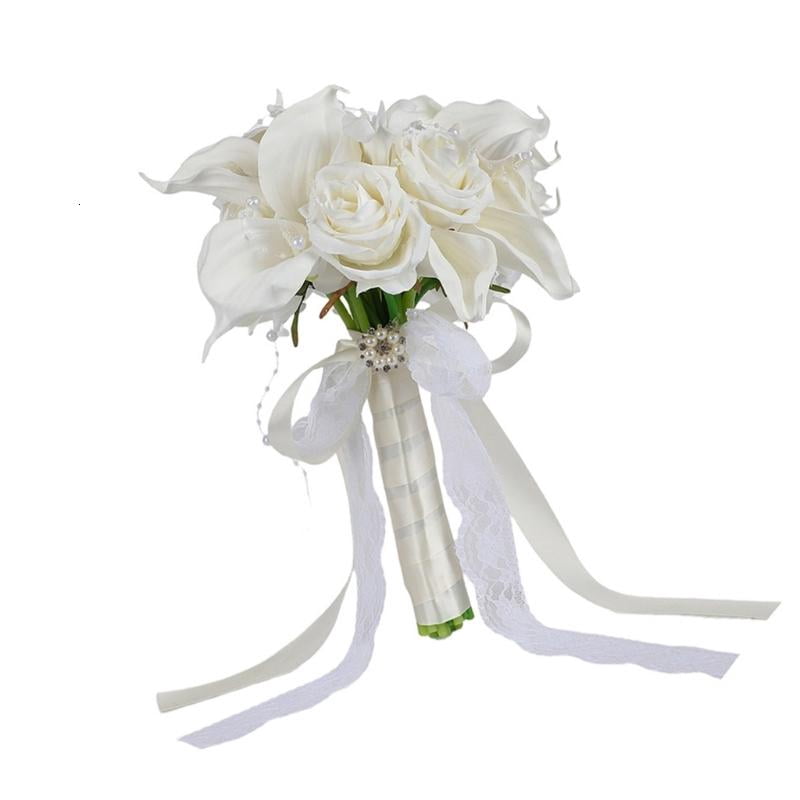 Elegant White Artificial Flower Bouquets For Bridal Party Decorations Gift Silk Calla Lilies Rose Bridal Accessory