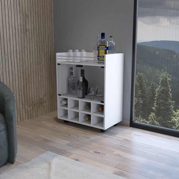 Elegant White Bar Cart for Living Room | Mobile Bar with 8-Bottle Rack, Double Glass Cabinet, Aluminum Edge Top | Engineered Wood, 25.8"W x 32.3"H | Perfect for Home Entertaining & Serving