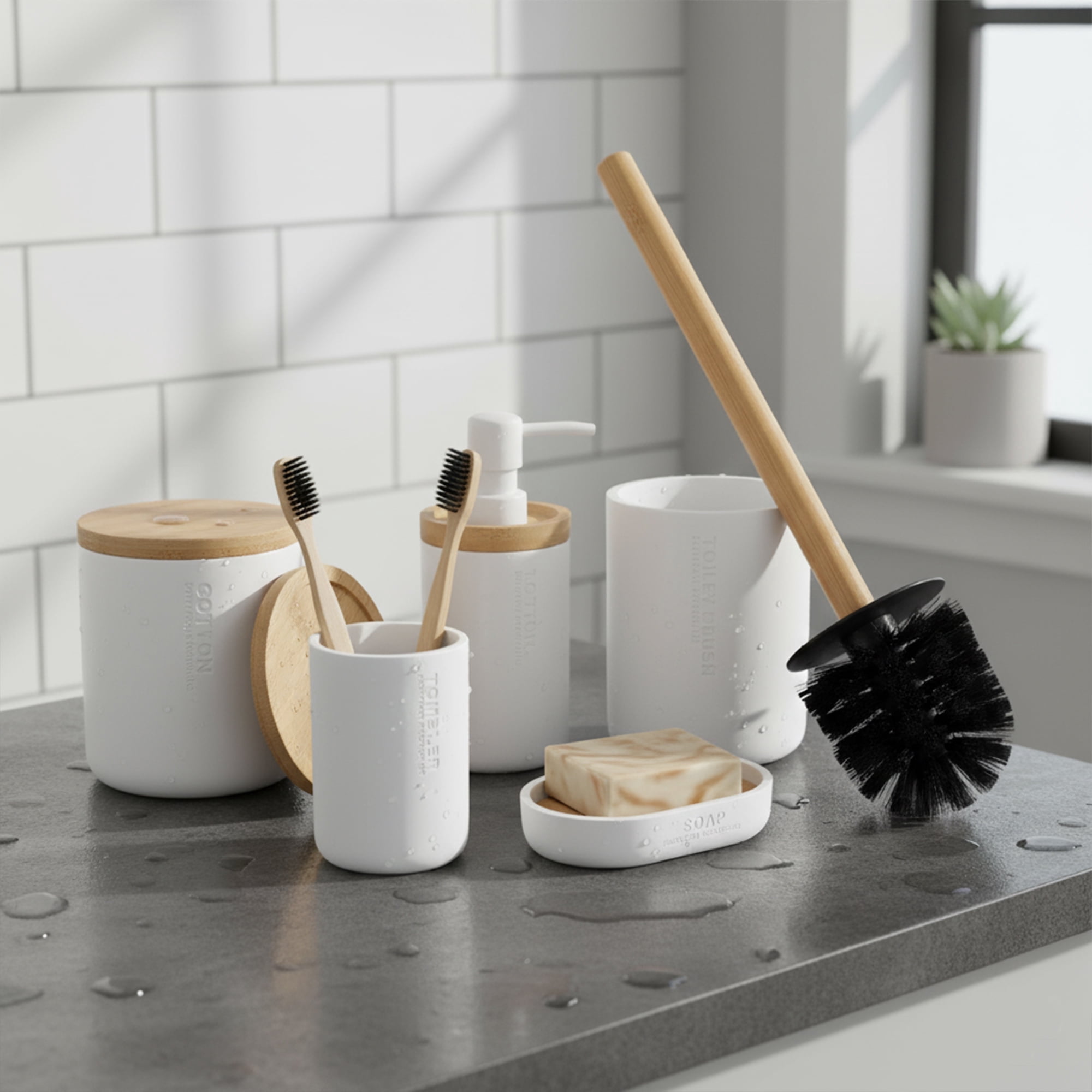 Elegant White Bathroom Accessory Kit with Bamboo Highlights - 5 pieces ...