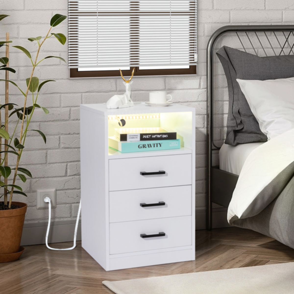 Elegant White Bedside Table with Three Drawers and LED Light FCH Pasted