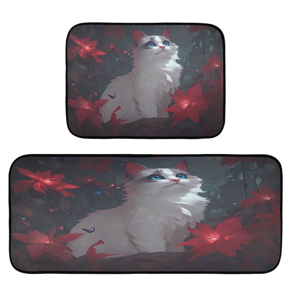 Elegant White Cat 2-Piece Kitchen Carpet Mat Set, Non-Slip Memory Foam, Soft for Kitchen and Living Room Use