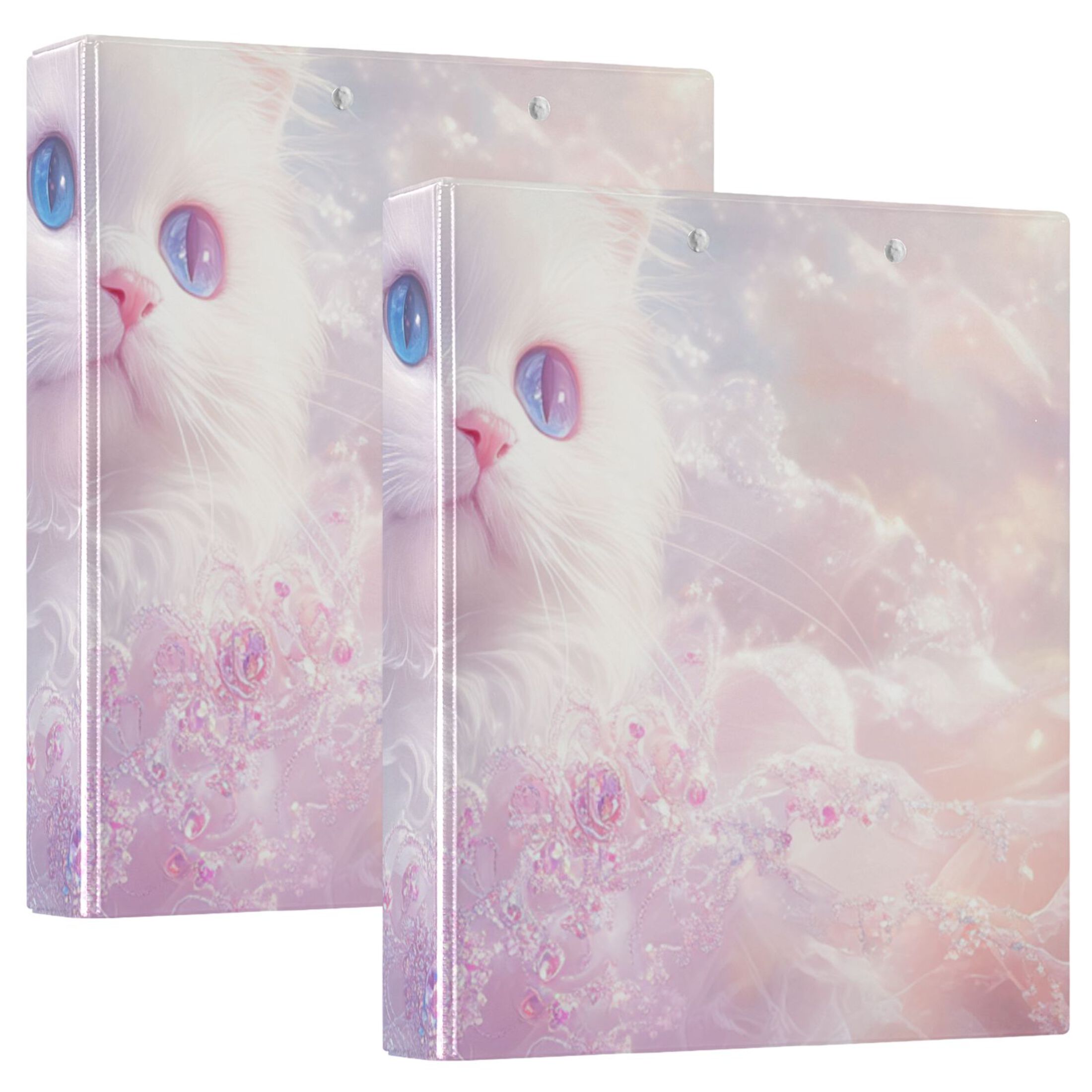 Elegant White Cat 3 Ring Binders 1.5 inch Hardcover File Folders with Interior Pockets A4 Size Organizer for School Office Hospital