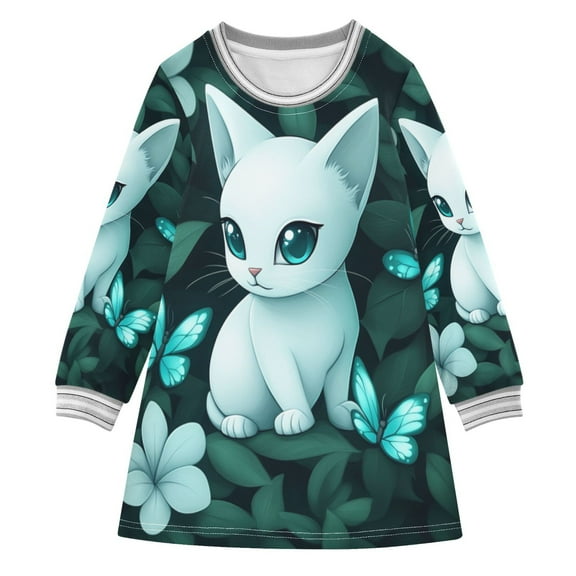 Elegant White Cat Pattern Girls'long-sleeved dress Thickened A-dress Warm Dress Basic Shirt Party Dresses