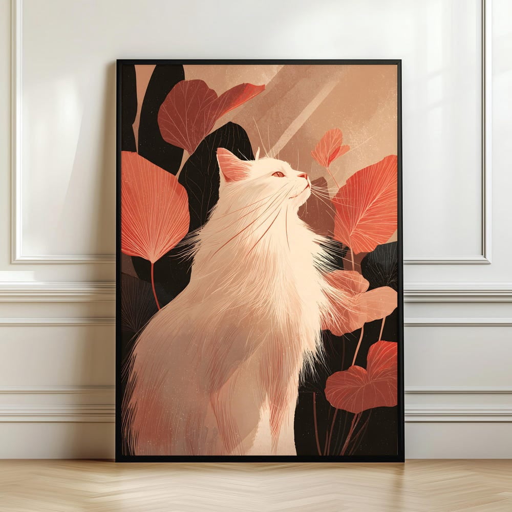 Elegant White Cat Poster, Botanical Cat, Cozy Aesthetic, Modern Nature ...