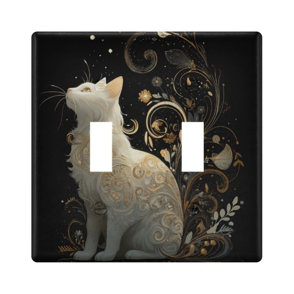 Elegant White Cat with Golden Decor Light Switch Cover Electrical Outlet Cover Replaceable Wall Plates 2-Gang