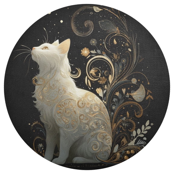 Elegant White Cat with Golden Decor PVC Round Grid Placemat Table Mat 1 Pc 15.4" x 15.4"