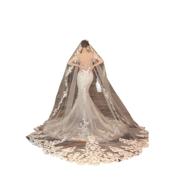 Elegant White Cathedral Length Bridal Veil with Appliqué - Timeless Wedding Accessory for Brides