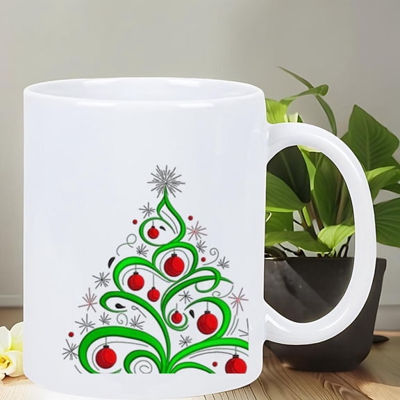 Elegant White Ceramic Christmas Tree Mug with Red Green Snowflake Pine Branches Hand Painted Like Look Glossy Poly Coated Reusable Coffee Cup Hot Coco