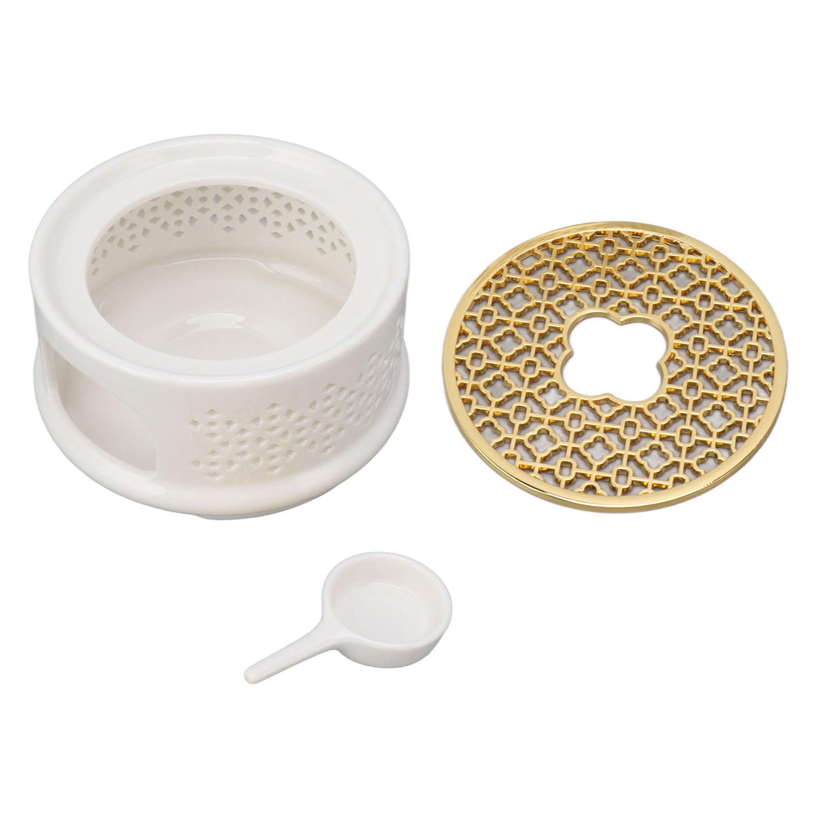 Elegant White Ceramic Teapot Warmer with Iron Base Includes Spoon