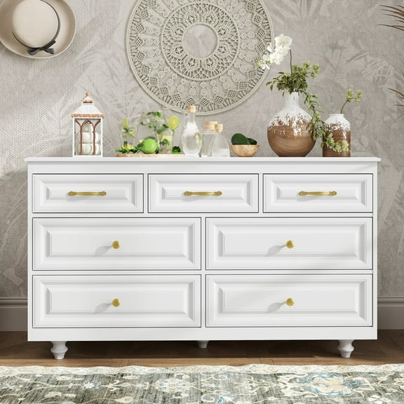 VineSparkle Elegant White Chest of Drawers with Gold Metal Handles, Unique Drawer Fronts, and Ample Storage Space for Bedroom or Living Room
