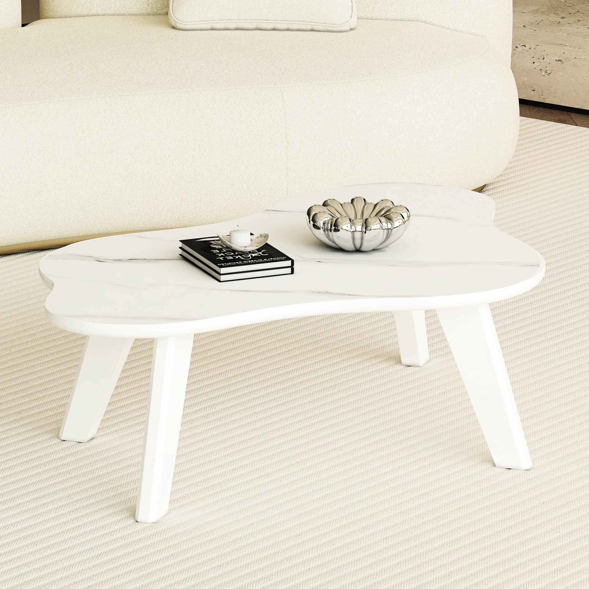 Elegant White Coffee Table With Rounded Corners And Solid Wood Leg ...
