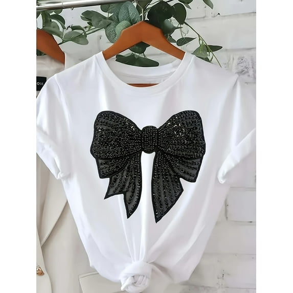 Elegant White Cotton T-Shirt for Women with Black Bow Print - Casual Round Neck, Short Sleeve, Loose Fit, Machine Washable Summer Party Apparel | Decorative Bow Design