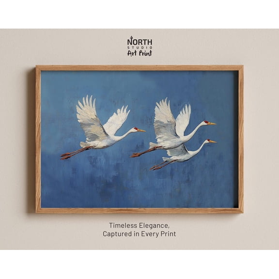Elegant White Cranes In Blue Sky - Minimalist Blue Bird Wall Art, Modern Nature Print, Tranquil Home Decor, Japanese Inspired Artwork Wall Art, Modern Wall Decor, 24x36 UNFRAMED