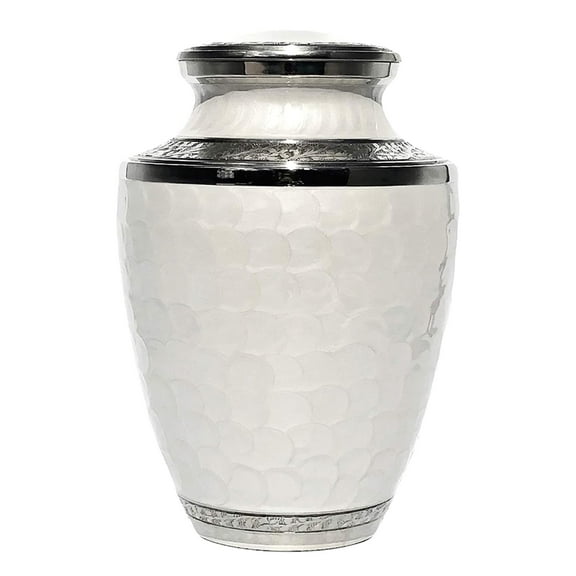 Elegant White Cremation Urn with Silver Rim - Eternal Harmony-White Urn-Metal Urn-Burial Urn-Cremation Urn-Medium Urn for Ashes