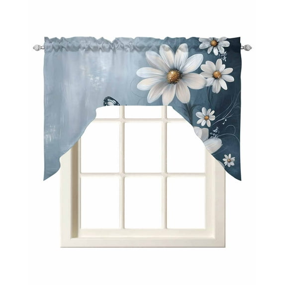 Elegant White Daisy Kitchen Curtains Swag Valance for Windows/Bathroom/Cafe, Pastoral Farmhouse Butterfly Floral Rod Pocket Drape Panel Swag Curtain Valance for Bedroom/Living Room 55''x36''