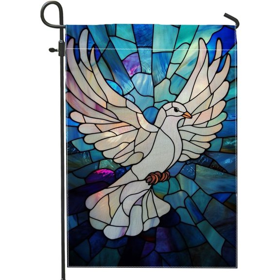 Elegant White Dove Garden Flag, Blue Stained Glass Design, Double Sided Outdoor Decor for Lawn and Yard, 12 x 18 Inch