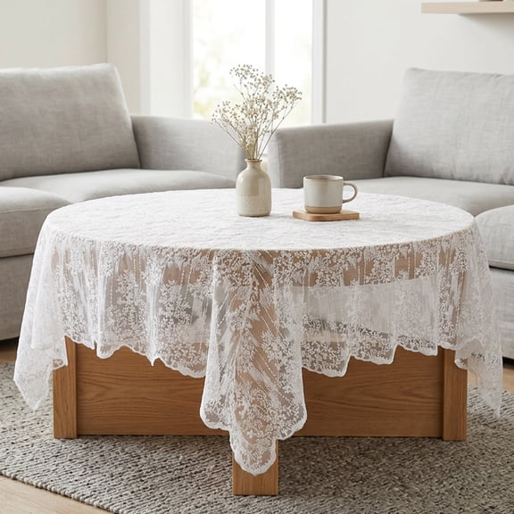 Elegant White Embroidered Lace Tablecloth, 53" x 53" Square, Machine Washable Scalloped Table Cover for Dining & Parties