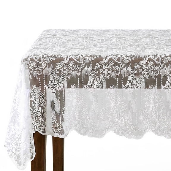 Elegant White Embroidered Lace Tablecloth, 53" x 86"Rectangular, Machine Washable Scalloped Table Cover for Dining & Parties