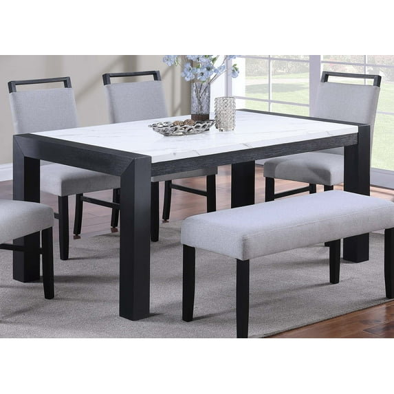 Elegant White Faux Marble Top Dining Table - 66" Rectangular, Charcoal Legs, Seats 6, Modern Kitchen/Dining Room Table, Rubberwood & MDF