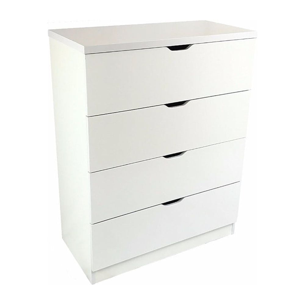 Elegant White Finish Four Drawer Chest With Metal Glides.