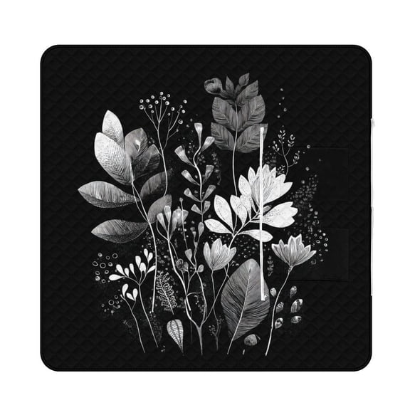 Elegant White Floral Black Background Picnic Blanket Waterproof Outdoor Beach Blanket Hand-held Pad Suitable for Travel, Camping, Beach, Family Gatherings