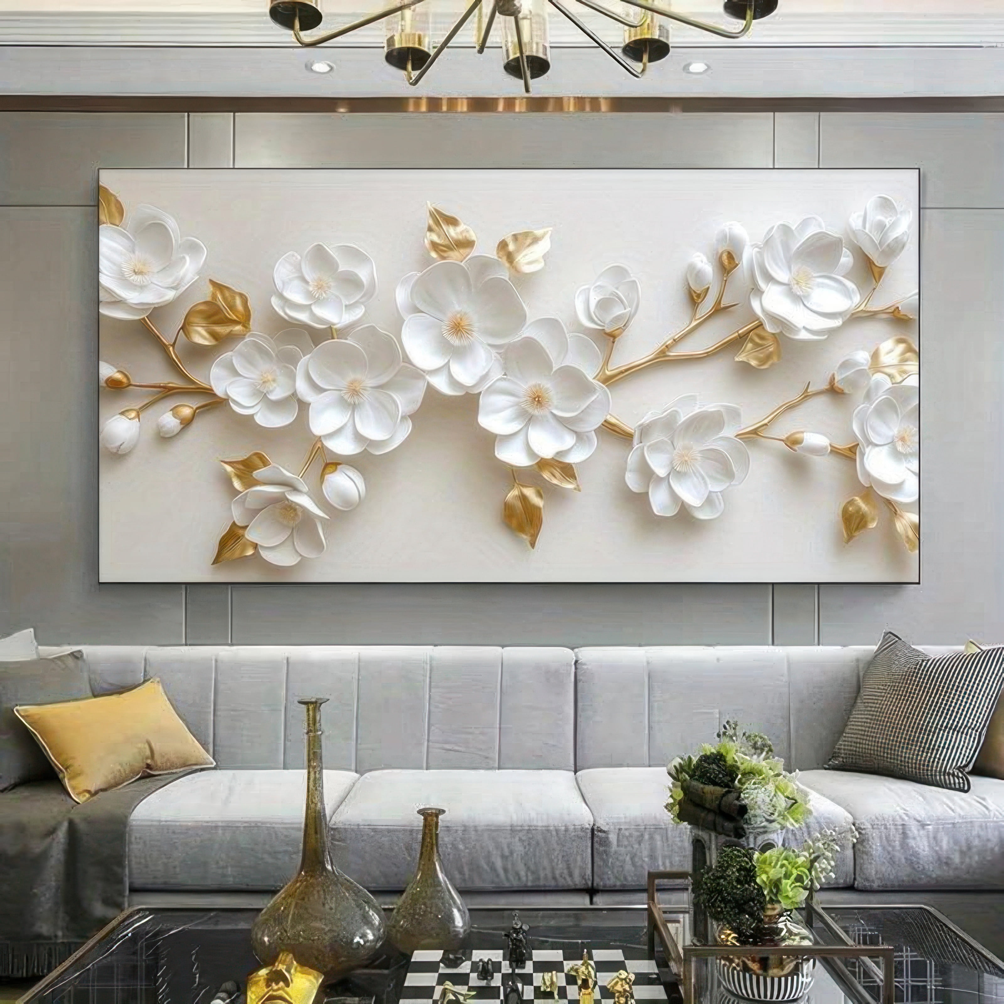 Elegant White Floral Canvas Wall Art 48x24 Inch Framed 2D Print for ...