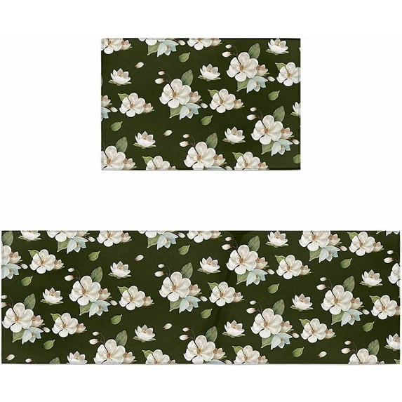 Elegant White Flower Kitchen Rugs Set of 2,Rustic Vintage Farmhouse Floral Leaves Washable Bath Shower Door Welcome Runner Area Rug Mat Carpet for Bedroom Living Room Accent Throw Desk Rug,Large