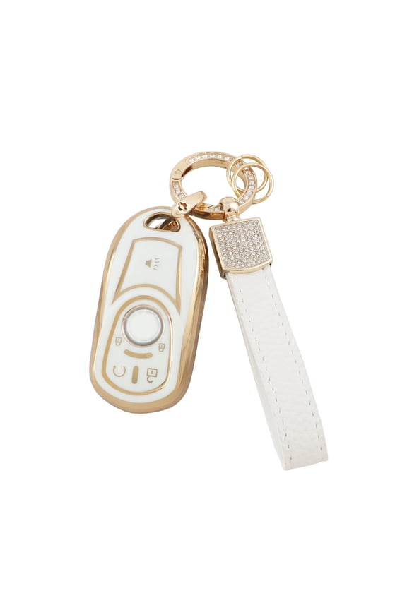Elegant White and Gold 5-Button Bling Key Fob Cover with Matching Keychain Cute TPU Protective Case Compatible with Buick Encore and Regal Smart Remote