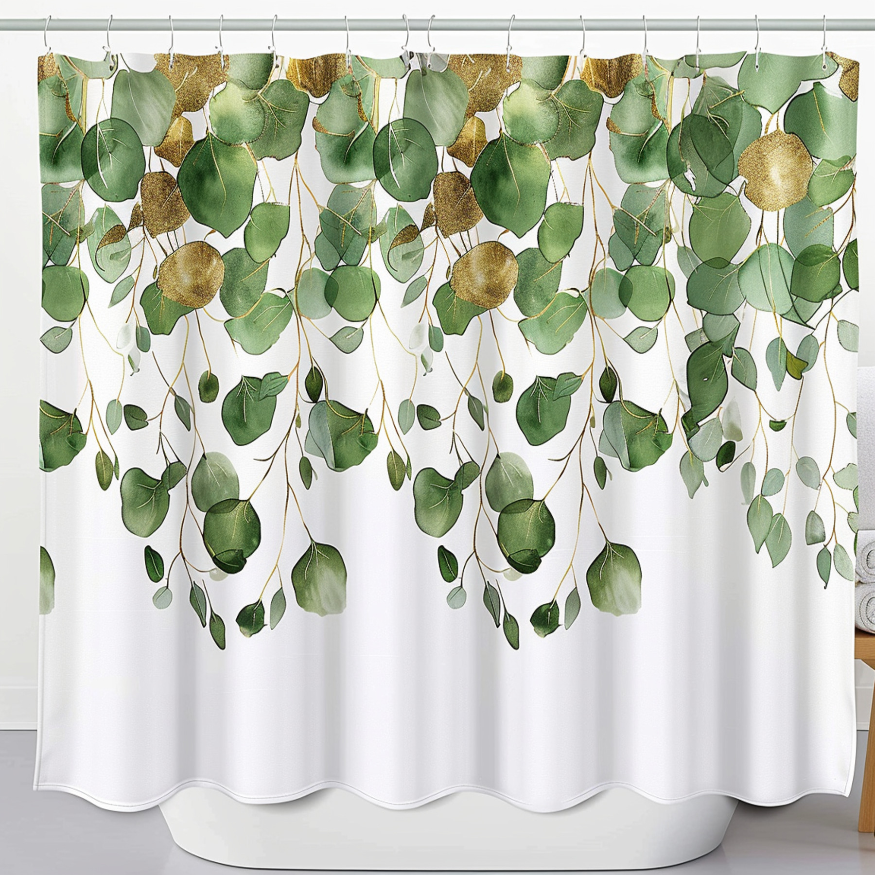 Elegant White & Gold Eucalyptus Leaves Shower Curtain with Green