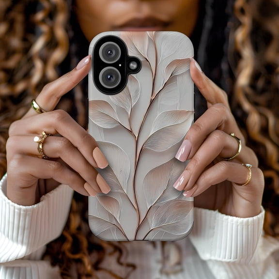 Elegant White Gold Leaf Phone Case 3D Effect Print Plant Lover Gift Cover Fits iPhone Samsung Galaxy Pixel