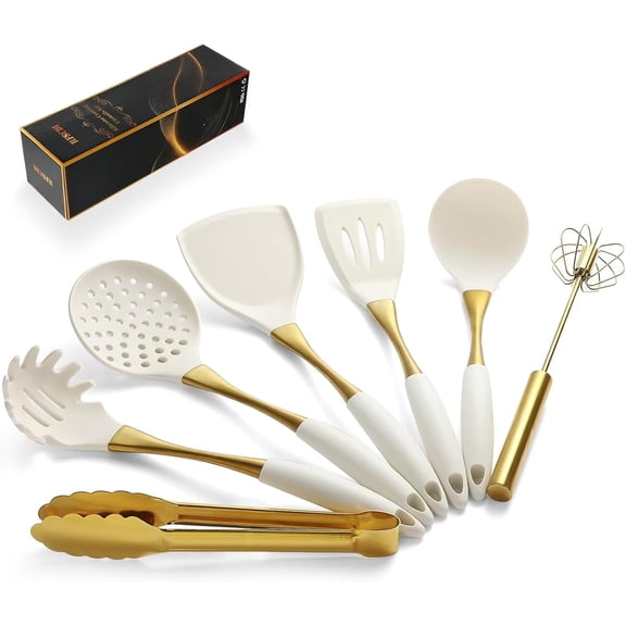 Elegant White Gold Silicone Cooking Utensils Set - Non-Toxic, Dishwasher Safe Kitchen with Heat Resistant Comfort Handles Includes Spatula & Spoon for Nonstick Cookware
