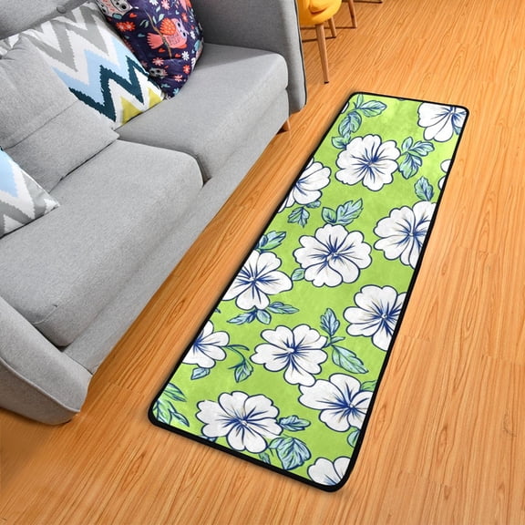 Elegant White Hibiscus Florals Leaves Long Floor Mat Runner Rug Area Mat Noise Reduction Water Absorbent Non-Slip 72" x 24"