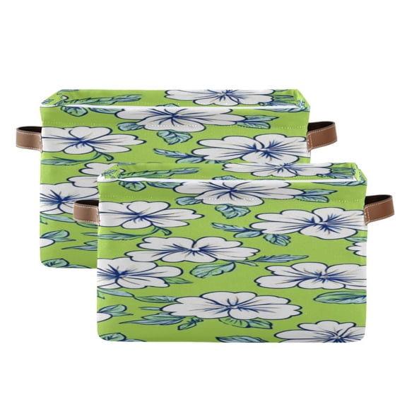 Elegant White Hibiscus Florals Leaves Square Storage Bins with Handles Collapsible Containing Box 2 Packs