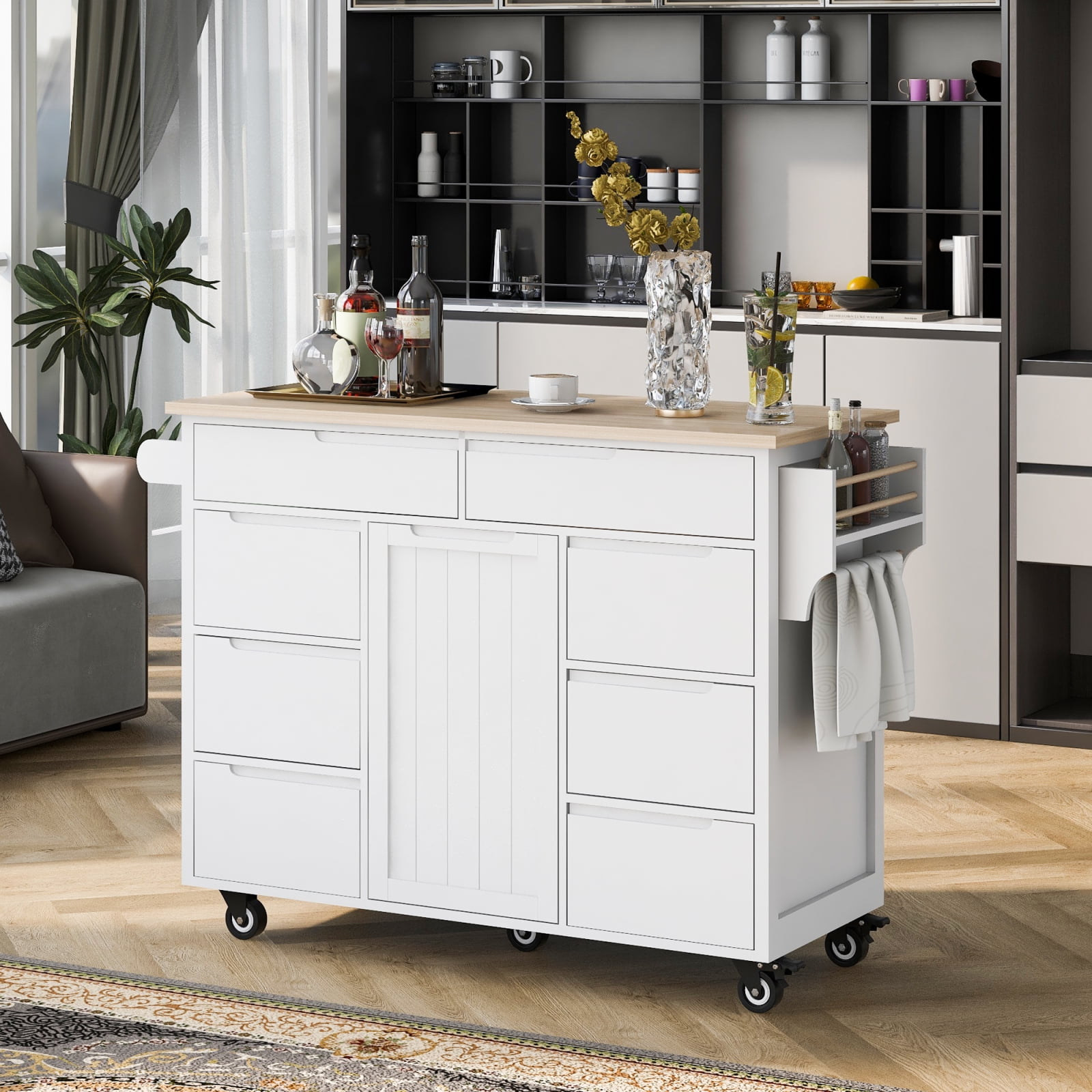 Elegant White Kitchen Island Cart with Rubber Wood Countertop, Mobile ...