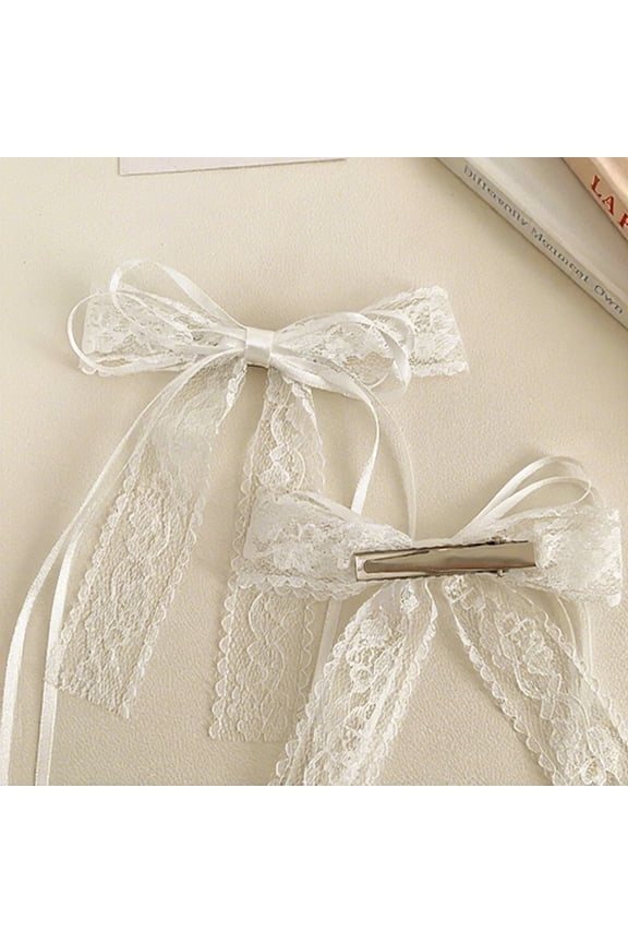 Elegant White Lace Bow Hair Clip with Long Ribbons for Women Party Daily Wear Hair Accessories Christmas Halloween Gifts