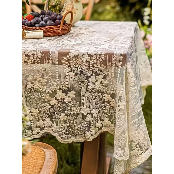 Elegant White Lace Floral Polyester Tablecloth - Round/Rectangular Woven Table Cover (For Wedding/Birthday/Thanksgiving/Home Decor)