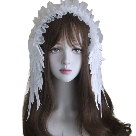 Elegant White Lace Headband With Angelic Wing Hairhoop Hair Accessory For Special Occasion Masquerades Headpiece