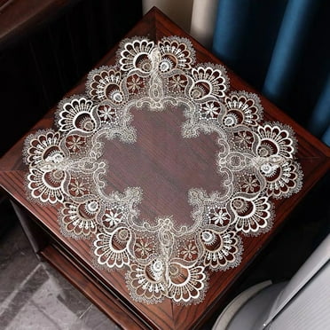 Elegant White Lace Small Square Tablecloth Embroidered Farmhouse Table Cloth with Macrame Border Side Table Cover for Dresser Beside Table Nightstand White