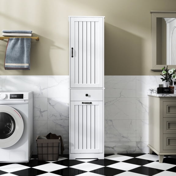Elegant White Laundry Cabinet With Convenient Storage And Drawer Versatile For Household Needs