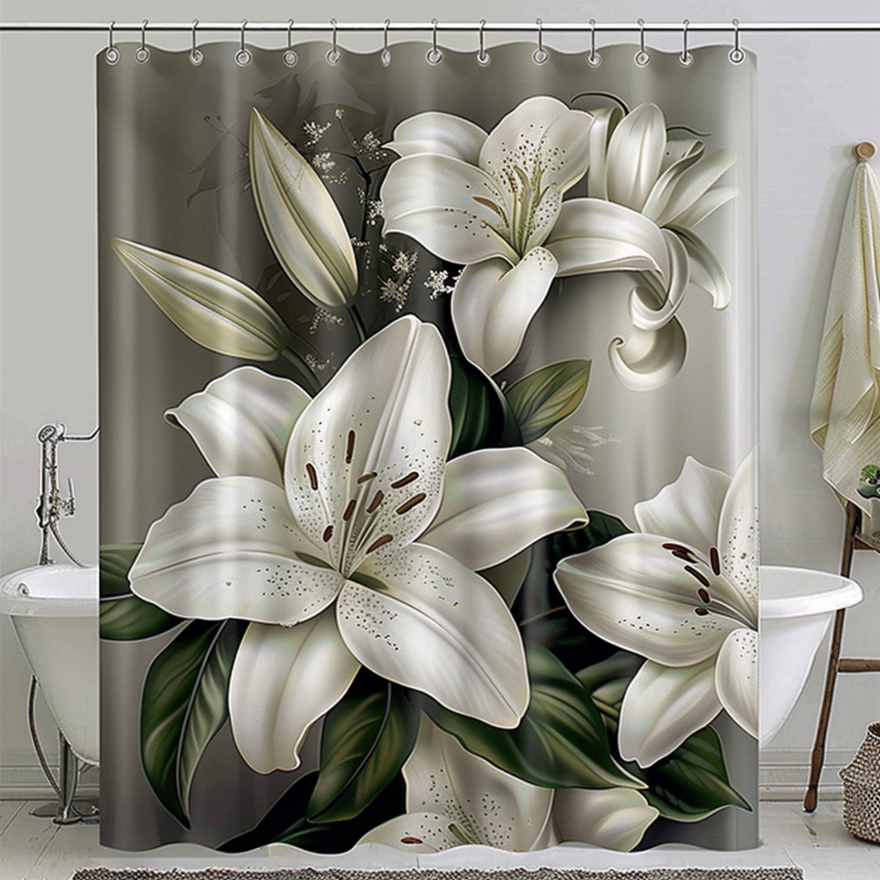 Elegant White Lily Floral Shower Curtain with Silver Rings Green Leaves